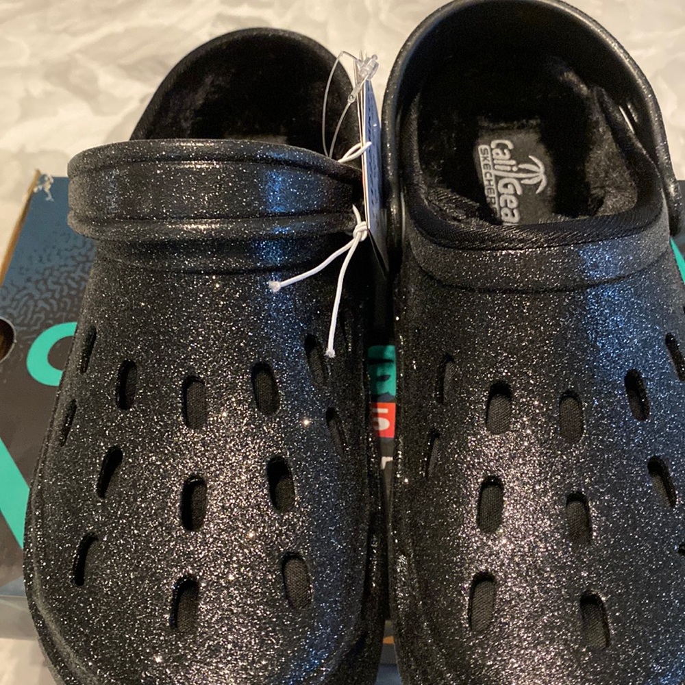 Black glitter furry Skechers